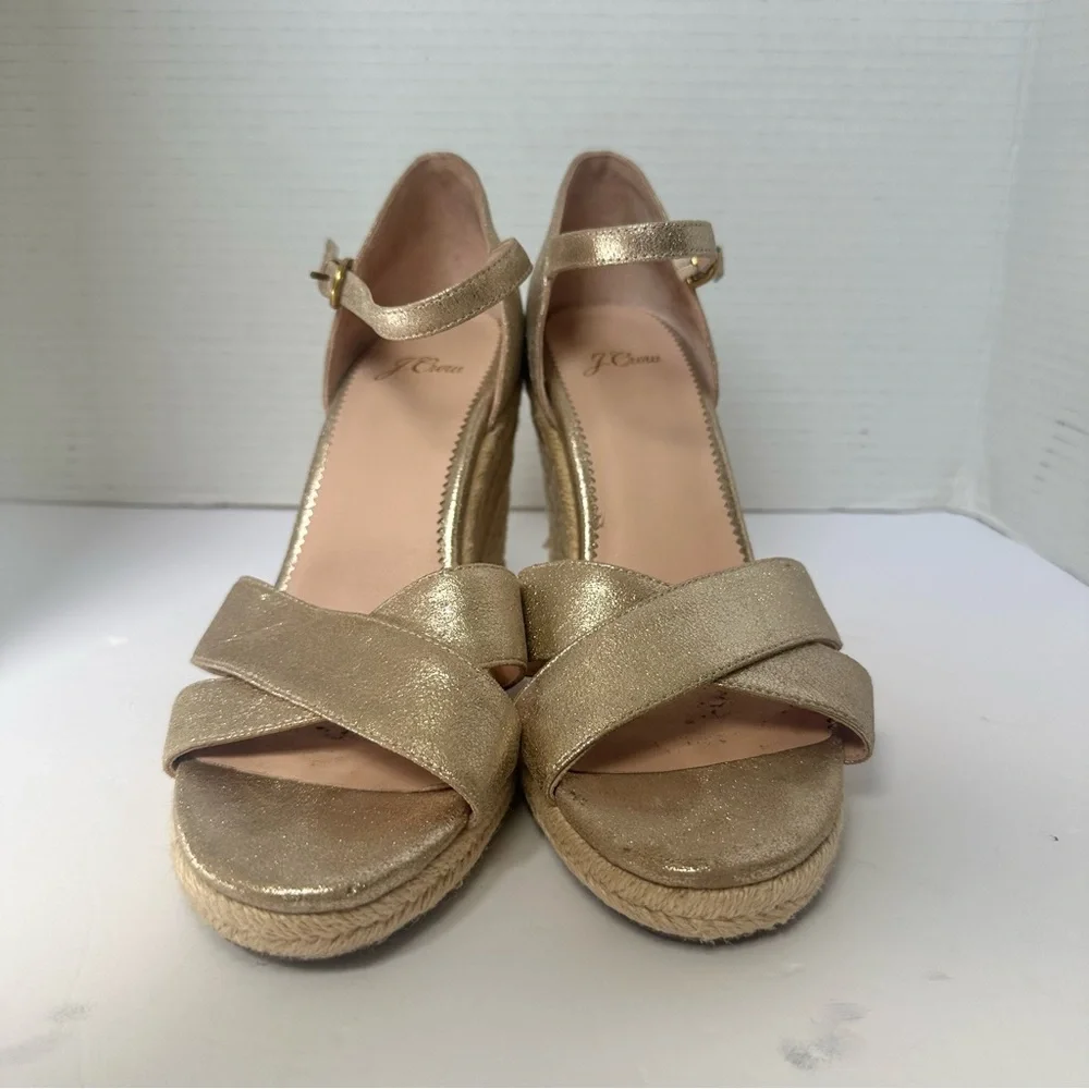 J. Crew Women’s Metallic Gold Wedge Espadrille Sandals with Ankle Strap-Size 8.5